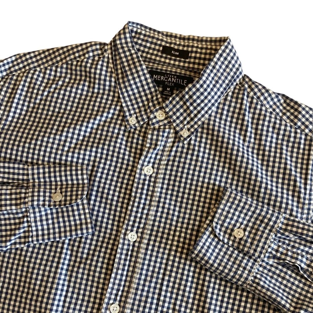 J.Crew Mens M Mercantile Flex Slim Fit Gingham Button Down Shirt Blue White